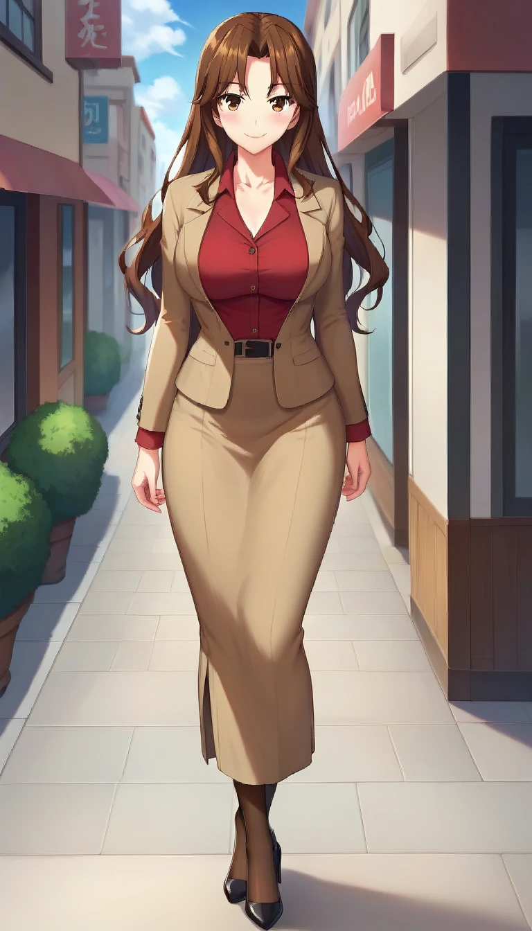 score_9,score_8_up,score_7_up,score_6_up BREAK official art,solo,outdoors,cowboy shot,looking at viewer,facing viewer,smile,blush,Akitsuki Kayoko,brown hair,long hair,sidelocks,parted bangs,brown eyes,collarbone,brown jacket,blazer,red shirt,wing collar,large breasts,long sleeves,skindentation,brown skirt,long skirt,pencil skirt,brown pantyhose,high heels,<lora:Akitsuki Kayoko(oc)-Pony:1.4>,