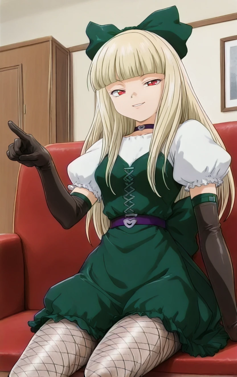 1girl,general,asbotsenkimari ,solo ,1990s \(style\),blonde hair,red eyes ,half-closed eyes  ,blunt bangs,puffy sleeves,hair bow,green bow,long hair,elbow gloves,fishnet pantyhose,green dress,drawers,indoors,house,room,sitting,sofa,naughty face  ,pointing at viewer,,,best quality,masterpiece,newest,<lora:AsobotSenkiMarieIllustrious:1>