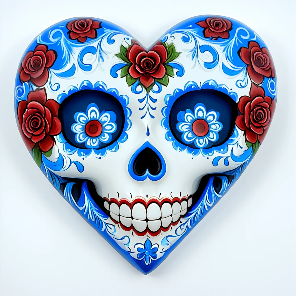 <lora:Vibrant_Calavera_r1:1> ArsMJStyle, Vibrant Calavera, The image is a digital illustration of a sugar skull in the shape of a heart. The skull is painted in a blue and white color scheme with intricate patterns and designs. The top half of the skull is decorated with red roses while the bottom half is white with blue swirls and curls. The eyes are black and the nose is black. The mouth is open revealing a pair of white teeth. The overall style of the illustration is reminiscent of the Day of the Dead or Mexican holiday., flower, rose, no humans, grin, solo, red flower, teeth, smile, heart, red rose