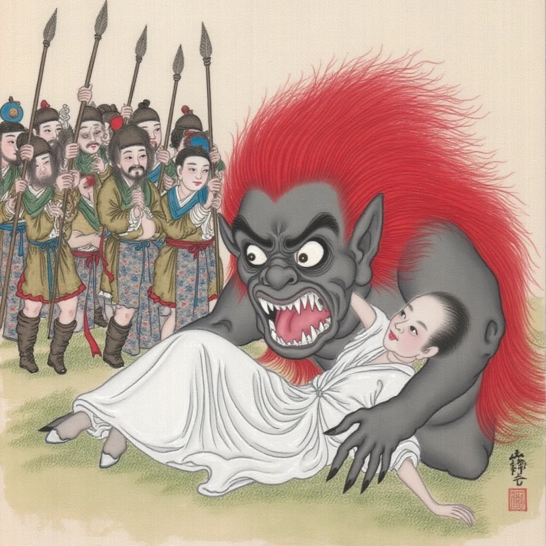 <lora:Liaozhai_flux_style:1>, Liaozhai,This image is a traditional Chinese ink painting, characterized by its intricate details and vibrant colors. The scene depicts a dramatic and fantastical narrative. In the foreground, a grotesque, large-headed creature with a bright red, exaggerated hairstyle and a wide, open mouth full of sharp teeth is shown in the lower right corner, grasping a woman in a white robe. The creature's skin is dark, and its eyes are wide and expressive, with a menacing gaze. behind them are a group of soldiers armed with spears