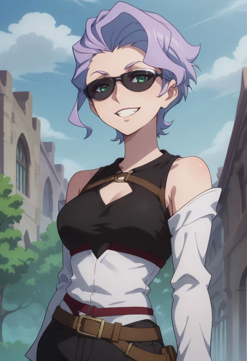 score_9, score_8_up, score_7_up, source_anime, highly detailed, 
meridies, 1girl, solo, purple hair, short hair, green eyes, shirt, white shirt, detached sleeves, breasts, sunglasses, belt, pants, black pants, upper body, smile, grin,
outdoor,