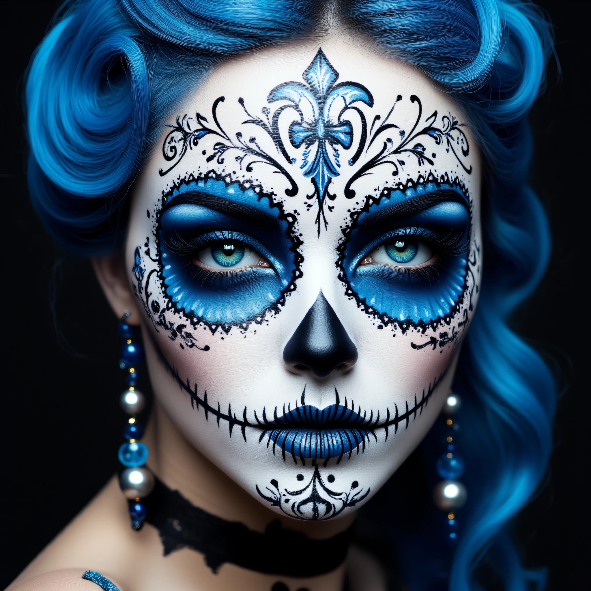 ArsMJStyle, Vibrant Calavera, The image is a close-up portrait of a woman's face and upper body. She has blue hair styled in a dramatic updo with a black headband on top. Her face is painted with intricate sugar skull makeup with white and black designs on the face and black and white lines and swirls. The eyes are painted with blue eyeshadow and black eyeliner and her nose and mouth are painted black. She is wearing a black choker necklace and earrings with silver and blue beads. The background is dark making the makeup stand out even more. The overall mood of the image is dark and eerie., 1girl, solo, blue hair, blue eyes, jewelry, earrings, makeup, looking at viewer, facepaint, portrait