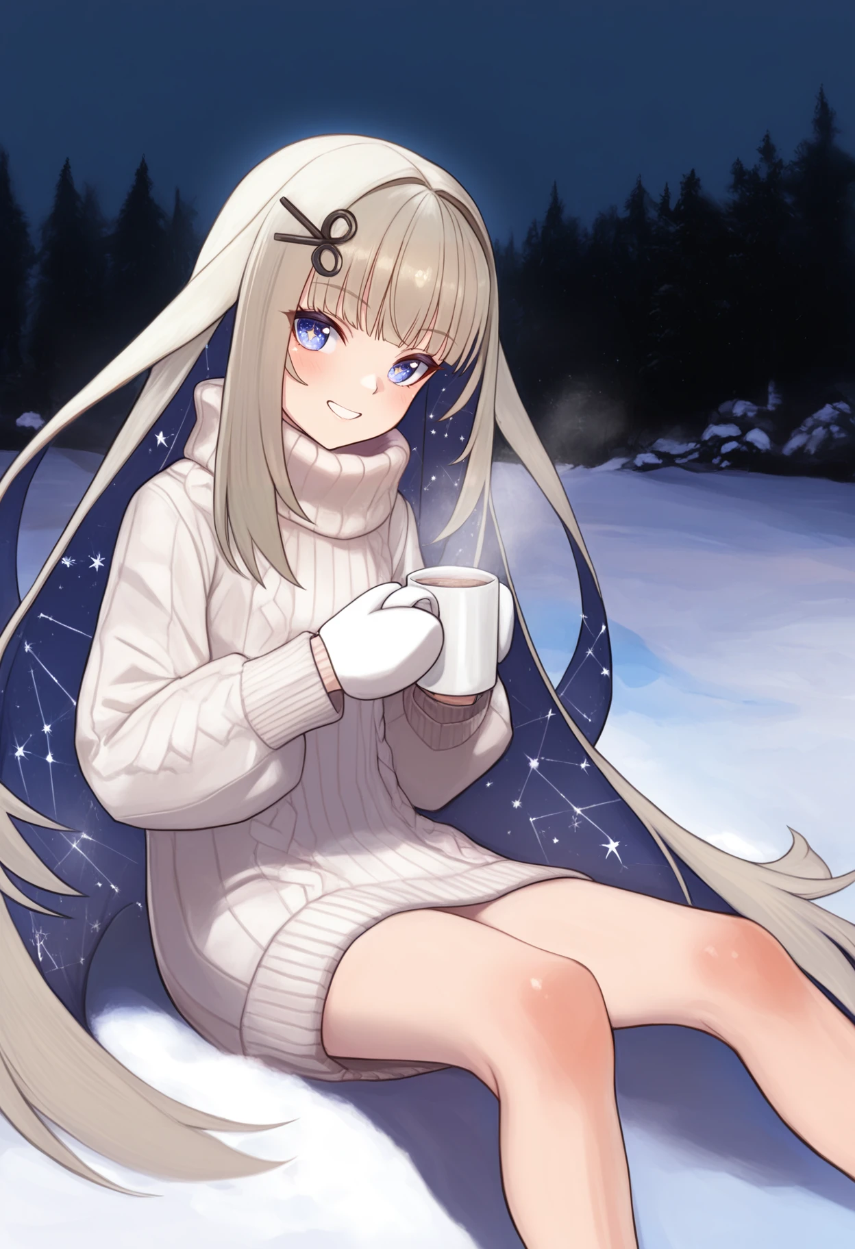 (momisan, ciloranko:0.8), (ekrea jan, bigrbear:0.4), 1girl, solo, amanogawa shiina, starry hair, outdoors, sitting, winter, turtleneck sweater, mittens, holding mug, looking at viewer, smile
<lora:shiina-16-2:1>, masterpiece, best quality