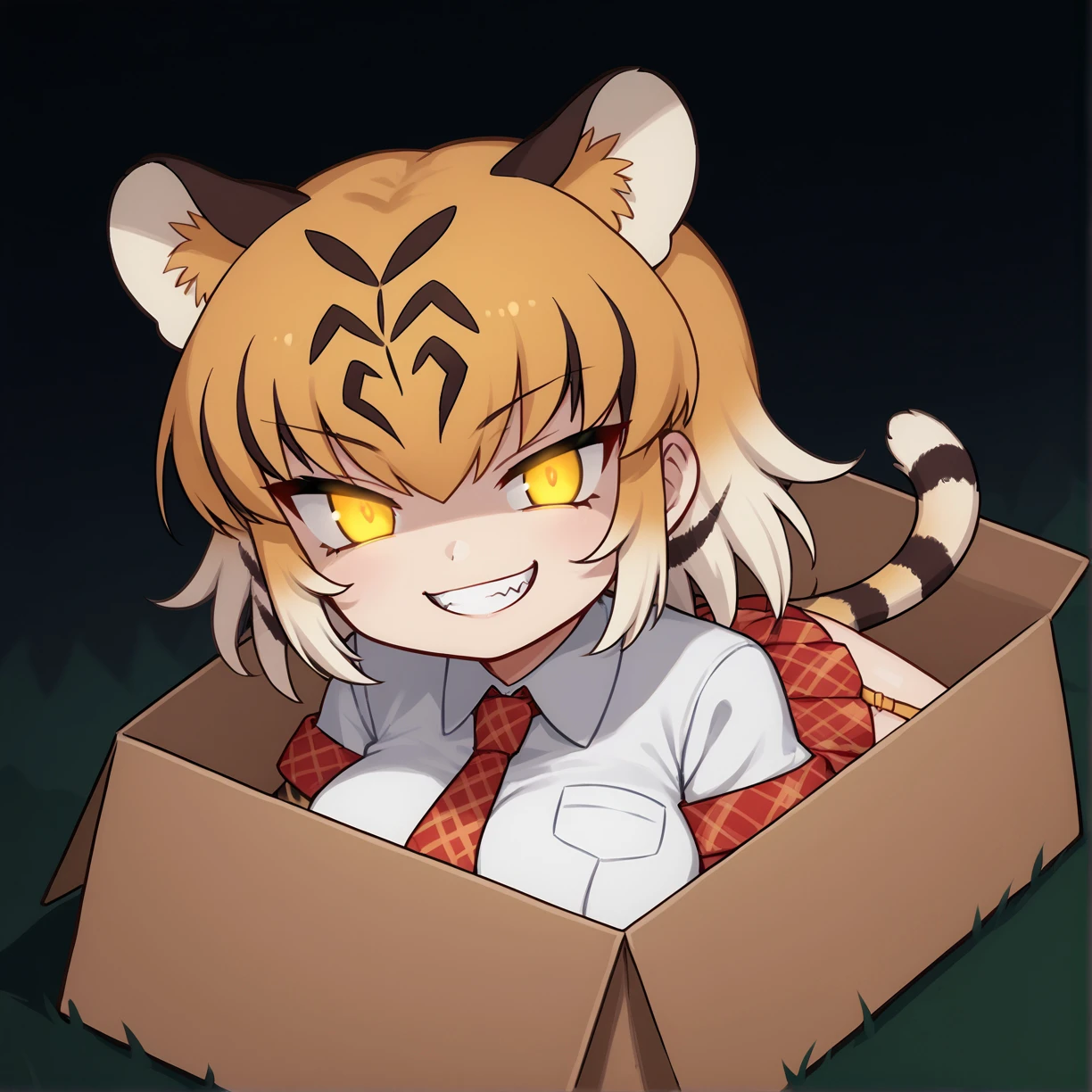 b0xe,in box,chibi,cardboard box, 
forest, night, glowing eyes, dark background,
score_9, score_7_up, grin, teeth,
kft1ger, tiger tail, animal ears, extra ears, large breasts, tiger print, white shirt, collared shirt, wing collar, red necktie, plaid necktie, short sleeves, multicolored gloves, print gloves, elbow gloves, red skirt, plaid skirt, pleated skirt, print thighhighs, garter straps
 <lora:chibi_box_b0xe_v2.1:0.9>  <lora:kemonofriends_tiger_ponyXL:1>