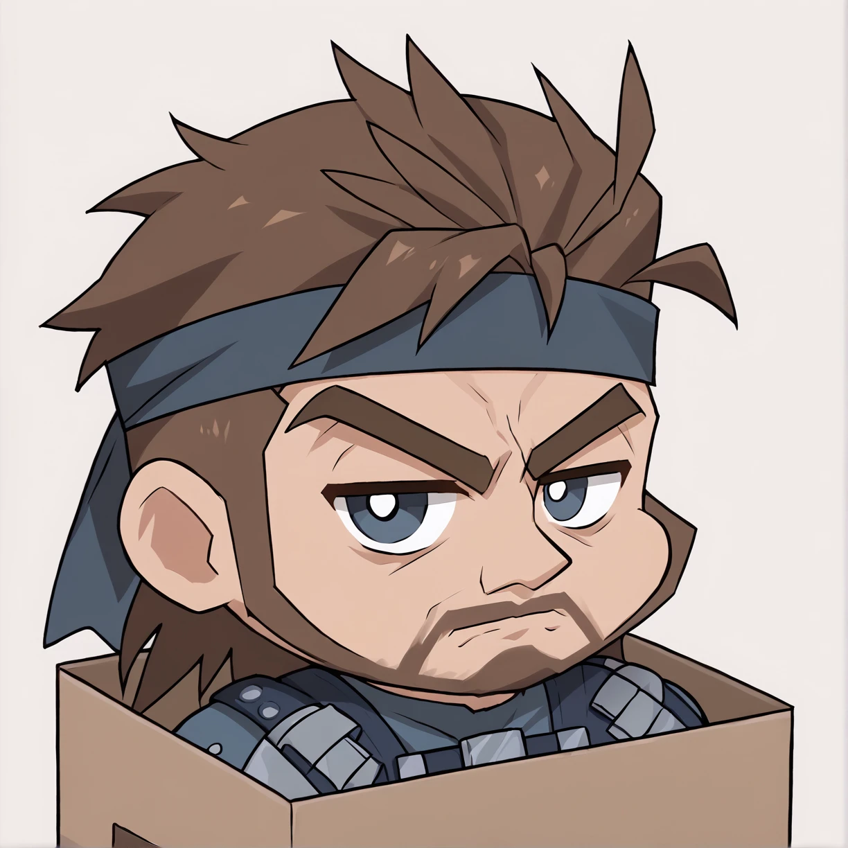 b0xe,in box,chibi,cardboard box, 
score_9, score_7_up,
RocksEyebrowRaise, upper body, portrait, raised eyebrow, thick eyebrows
solidsnake, brown hair, beard, facial hair, headband, blue bodysuit, gloves, harness, belt pouch, mature male
 <lora:chibi_box_b0xe_v2.1:0.9>    <lora:solidsnake-pdxl-nvwls-v1:0.8>  <lora:RocksEyebrowRaise_XLPD:0.8>