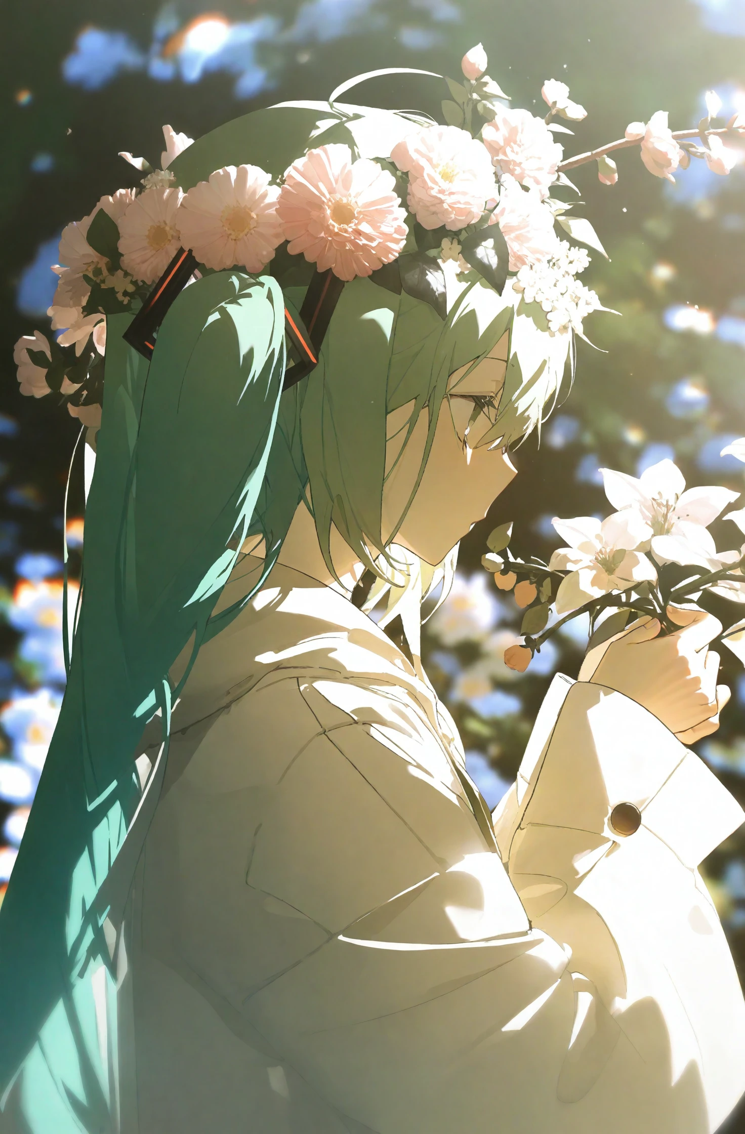 masterpiece, best quality, illustration, konya karasue, 1girl, solo, head wreath, hatsune miku, long hair, twintails, flower, holding, upper body, holding flower, blurry, from side, profile, blurry background