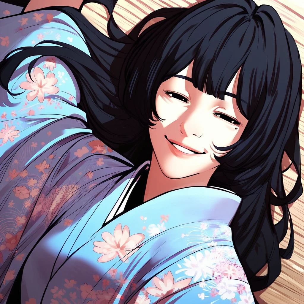 score_9, score_8_up, score_7_up, score_6_up, high res, high quality, dynamic angle, 1girl, solo, mitsukisoma, black hair, long hair, black eyes, bangs, mole under eye, kimono, floral print, looking at viewer, smile, half-closed eyes, upper body