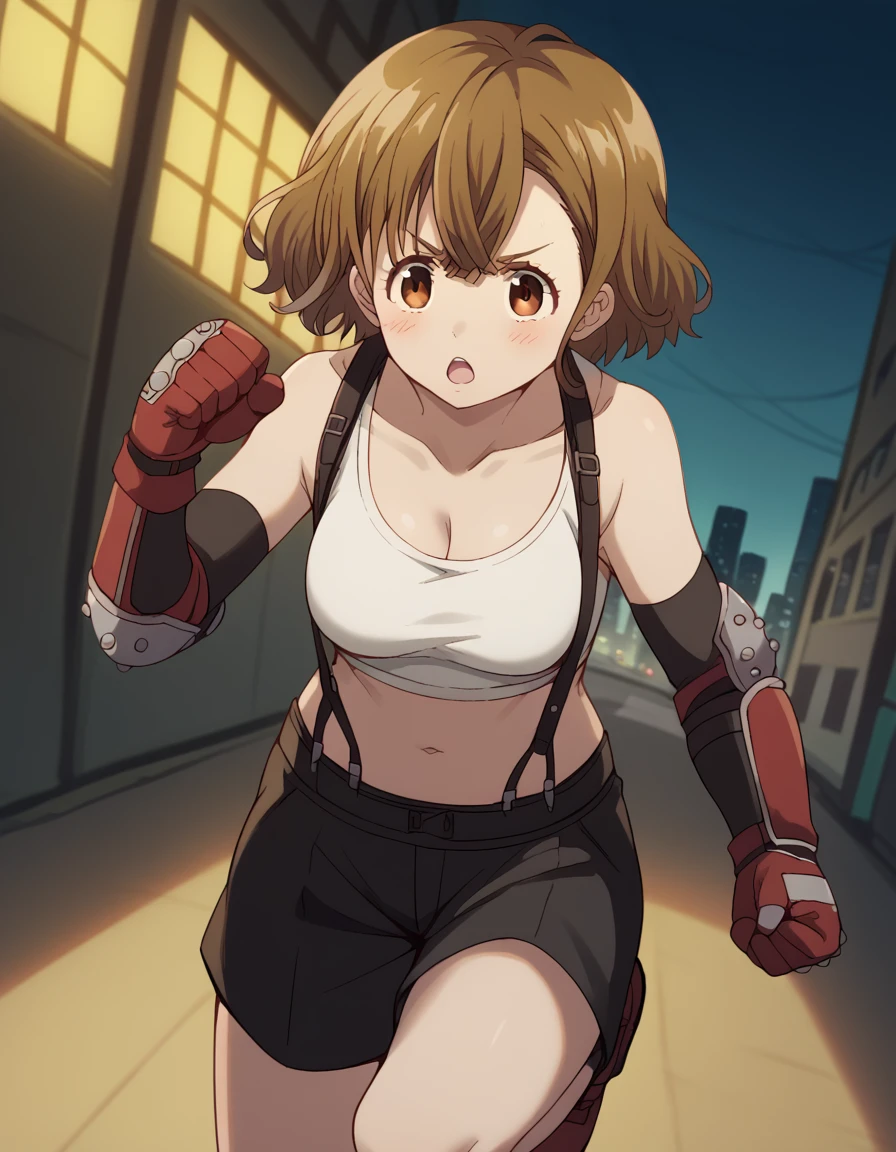 score_9, score_8_up, score_7_up, source_anime, <lora:yuzuha-mishima-s1-ponyxl-lora-nochekaiser:1>, yuzuha mishima, short hair, brown hair, brown eyes, medium breasts, <lora:tifa-lockhart-cosplay-ponyxl-lora-nochekaiser:1>, tifalockhartcosplay, tifa lockhart (cosplay), suspender skirt, suspenders, navel, midriff, white tank top, cleavage, elbow pads, crop top, tank top, shorts, short shorts, collarbone, gloves, elbow gloves,, cityscape, street, blush, open mouth, fighting stance, leg lift, leg up, , cowboy shot, dutch angle,