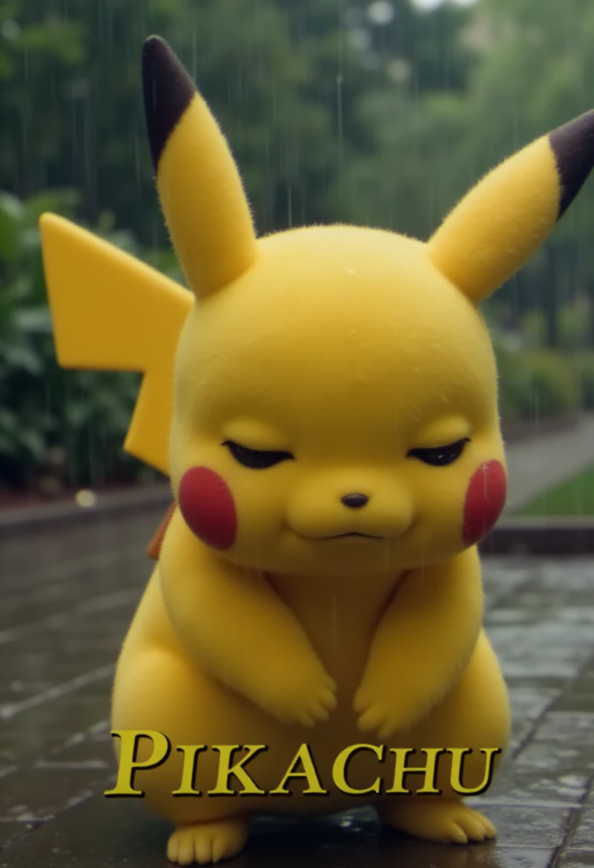 <lora:Too_Many_Cooks_FLUX:1.0>
The image is a photograph of Pikachu outside in the rain, looking sad, and crying.
In the bottom center of the image, the text "PIKACHU" is written in a bold, golden-yellow color, which appears to be a name tag or a title.