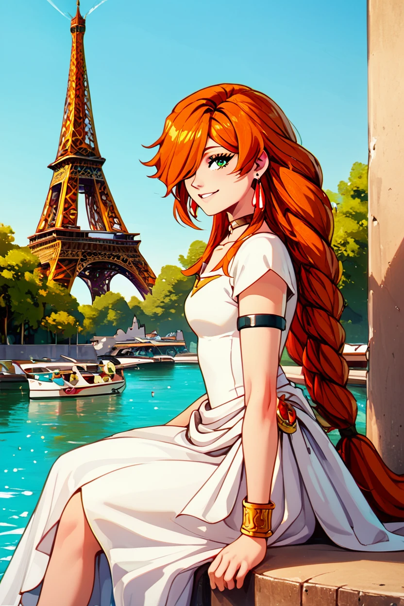 score_9, score_8_up, score_8, medium breasts, (curvy), cute, eyelashes,       BREAK, , zzFlamme, long hair, green eyes, brown hair, orange hair, hair over one eye, earrings, braid, collarbone, armlet, white dress, short sleeves, bracelet, choker, red hair <lora:FlammeFrieren_PDXL_v1:0.8>, BREAK, zzEiffelTower in background, sitting, watercraft, boat, sitting on wall, side view, looking at viewer, smile, ,,, BREAK, blooming stars, luminescent petals, otherworldly fragrance blurry background, ,,, embedding:zPDXL, Expressiveh, ,,, <lora:EiffelTowerPDXL:1.0>, <lora:CatalystStylePDXL:0.6>, <lora:SDXLFaeTastic2400:0.5>, <lora:Expressive_H-000001:0.4>,