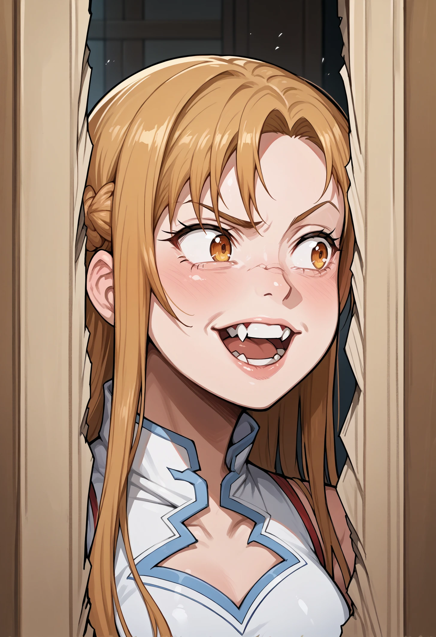 score_9, score_8_up,score_7_up, source_anime, 1girl, solo, hrsjhy,  open mouth, clenched teeth, evil grin, broken door, door, looking to the side, portrait, 
asuna \(sao\), sword art online,
<lora:hrsjhy_pdxl_EliPot:1>