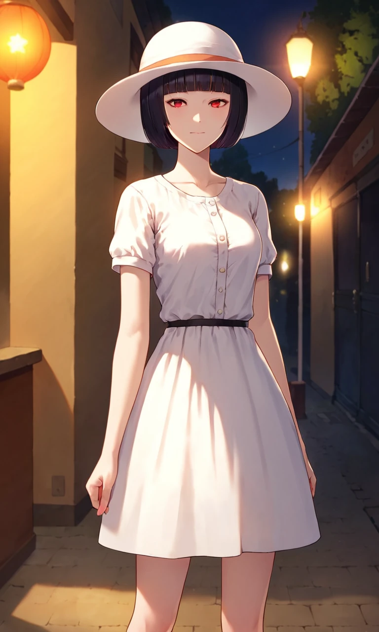 score_9, score_8_up, score_7_up, source_anime, anime illustration, masterpiece, best quality, lots of details, outdoors, suburban japanese street, night, dark, BREAK
1girl, solo, 18 years old, adult, azamikurotani, bangs, blunt bangs, bob cut, short hair, black hair, shiny skin, short sleeves, white dress, sun hat, looking at viewer, shadowed face