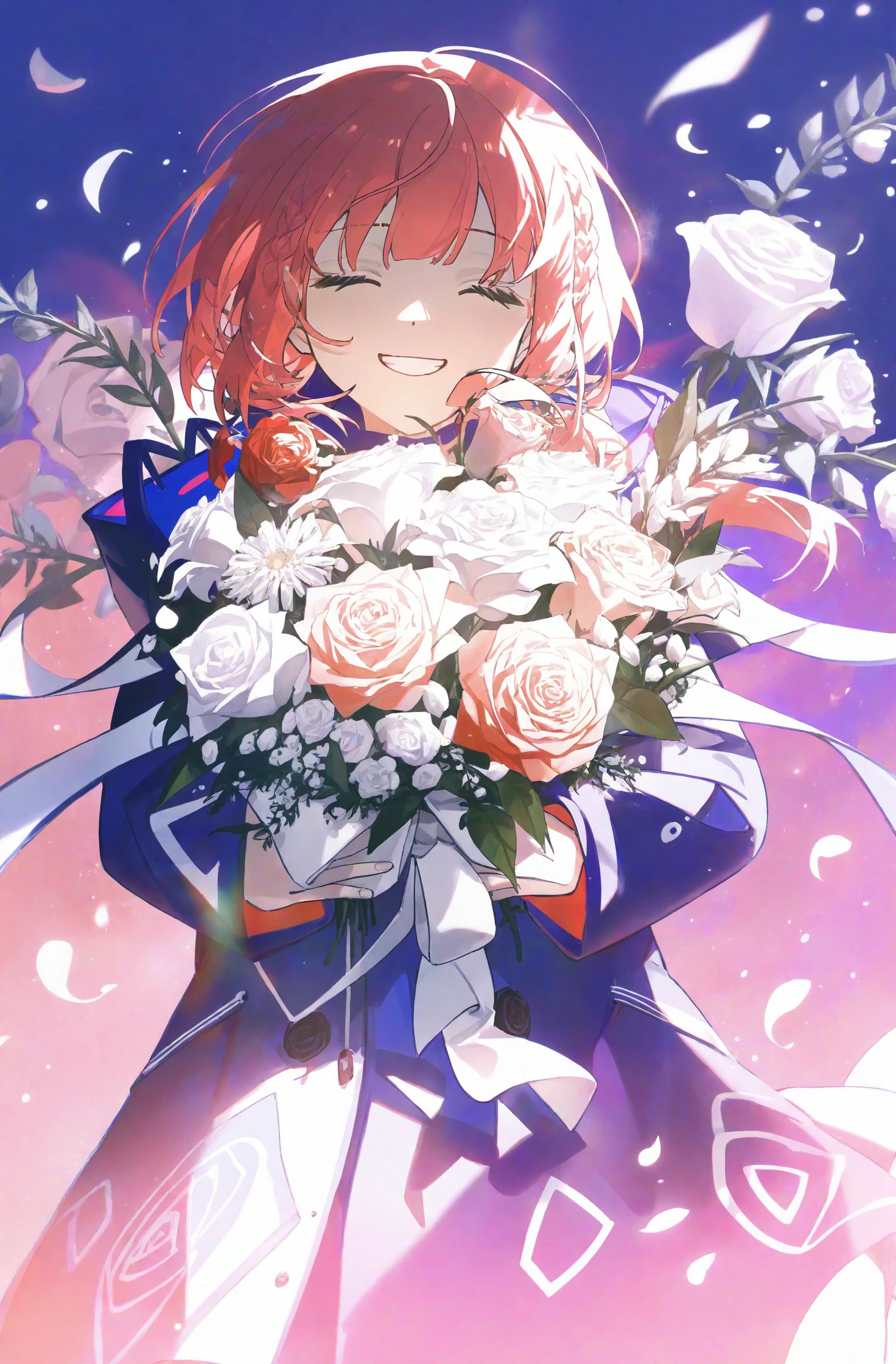 masterpiece, best quality, illustration, konya karasue, kaf \(kamitsubaki studio\), 1girl, flower, solo, virtual youtuber, closed eyes, bouquet, white flower, pink hair, smile, hood, holding bouquet, holding, braid, facing viewer, jacket, rose, long hair, hood down, grin, white rose