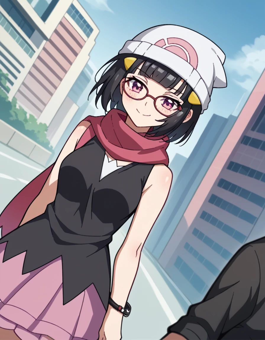 score_9, score_8_up, score_7_up, source_anime, <lora:souna-sitri-s1-ponyxl-lora-nochekaiser:1>, souna sitri, short hair, black hair, hair ornament, glasses, hairclip, bangs, blunt bangs, purple eyes, medium breasts, <lora:dawn-pokemon-cosplay-ponyxl-lora-nochekaiser:1>, dawnpokemoncosplay, dawn (pokemon) (cosplay), bare shoulders, beanie, black shirt, black socks, bracelet, hat, jewelry, kneehighs, miniskirt, pink skirt, red scarf, scarf, shirt, skirt, sleeveless, sleeveless shirt, white headwear,, cityscape, street, smile, blush,, , cowboy shot, dutch angle,