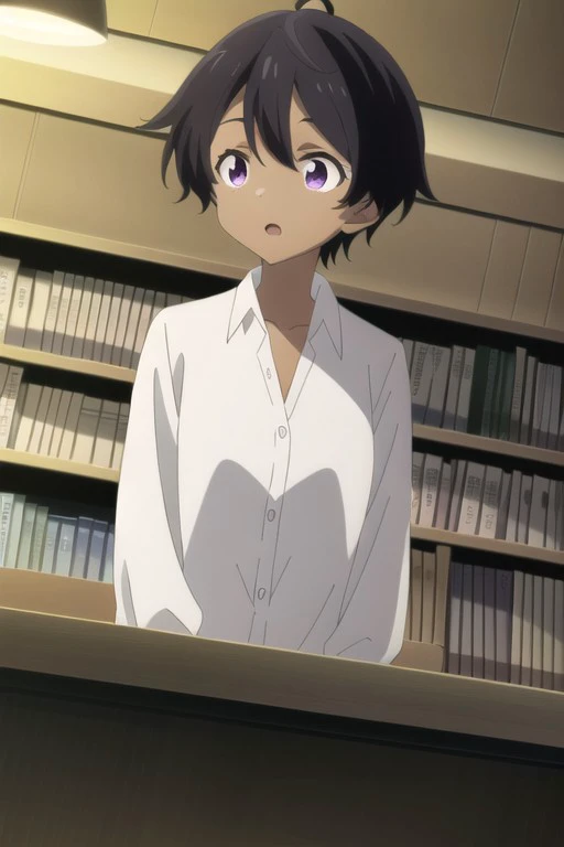 (masterpiece),yakishio remon, black hair, short hair, purple eyes, dark skin, dark-skinned female, solo, anime coloring, 1girl, shirt, white shirt, collared shirt, bookshelf, open mouth, collarbone, indoors