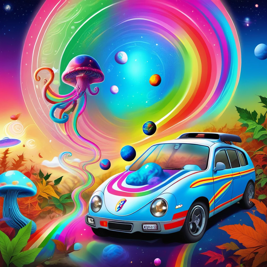 outdoors, rainbow, blue ribbon, sports car, planet, jellyfish, tentacles, leaf, looking at viewer