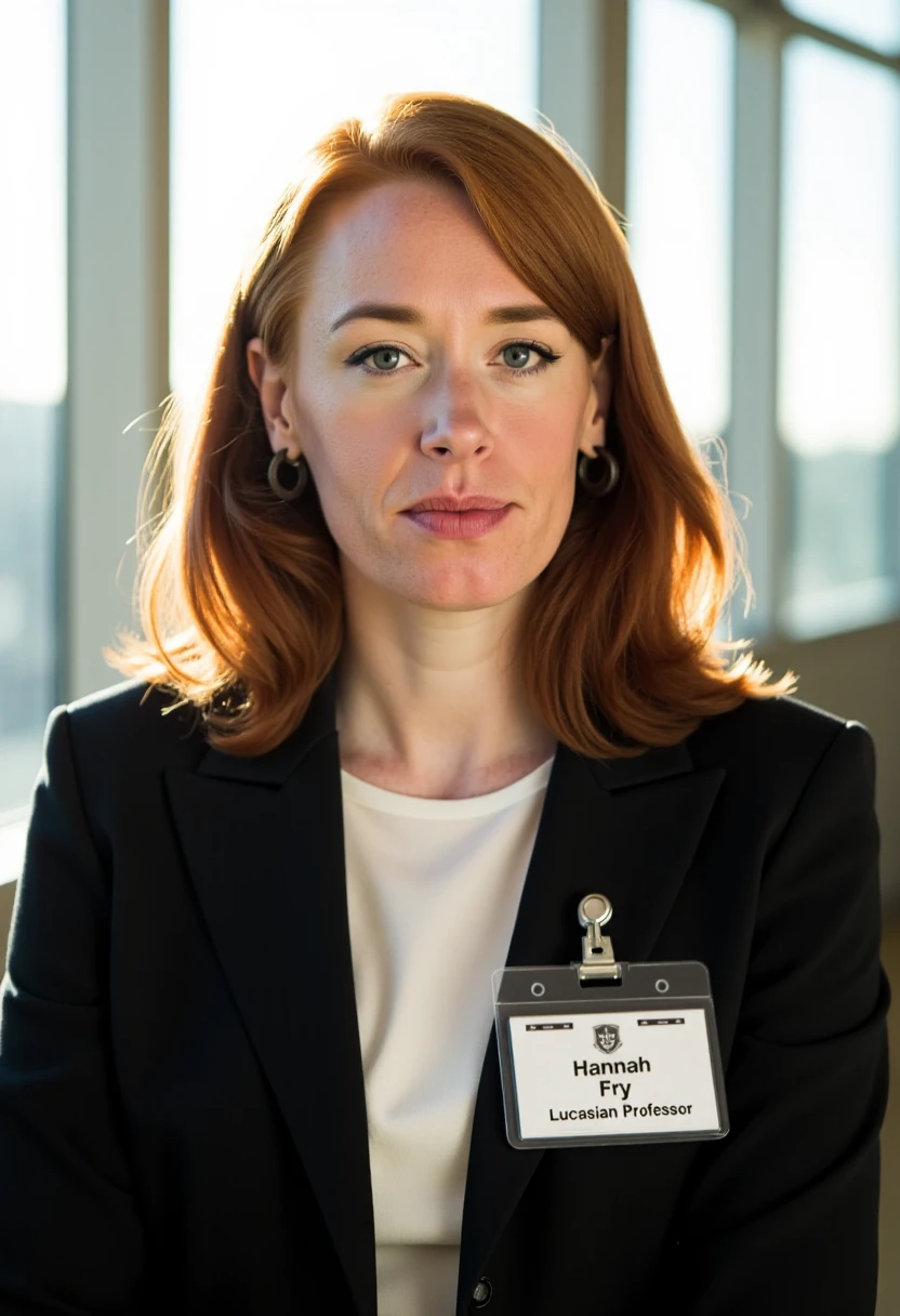 A portrait photo of hannahfry, a woman. She has medium long hair. She has a very serious expression on her face, her eyebrows are drawn down and her lips pressed together. She is wearing a professional white shirt and a black business suit. A simple ID badge with black text name "Hannah Fry" and title \"Lucasian Professor\" is clipped to the suit jacket. The background is blurry and shows a modern university lecture hall. Sunlight is shining through large windows.