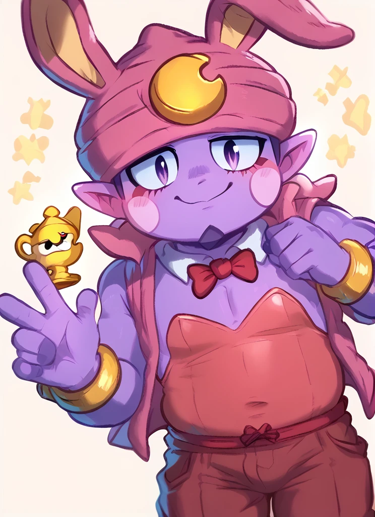 score_9, score_8_up, score_7_up, <lora:bsgene:1>bsgene , 1 boy , colored skin, playboy bunny, , bracelet, pink headwear , ,blush stickers, pointy ears bare shoulders, solo , simple background, , smile , looking at viewer, plump, <lora:fluffylewdsai:1> fluffylewdsai