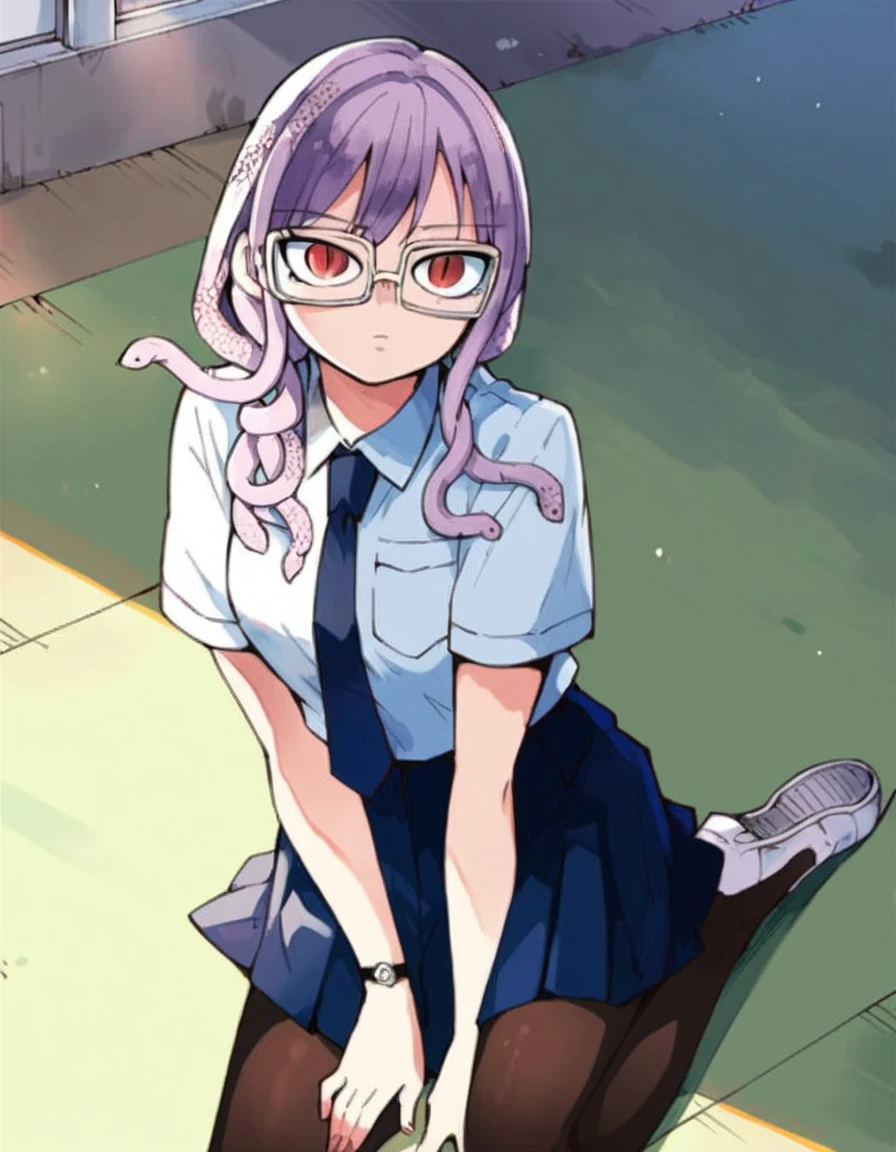 score_9, score_8_up, score_7_up, score_6_up, source_anime,  <lora:hebizono_mirei-pony:1>, hebizono mirei, ogami tsmiki to kinichijou, 1girl, solo, glasses, pantyhose, snake hair, purple hair, red eyes, necktie, skirt, school uniform, shoes, slit pupils, snake, pleated skirt, shirt, watch, short sleeves, uwabaki, cowboy shot