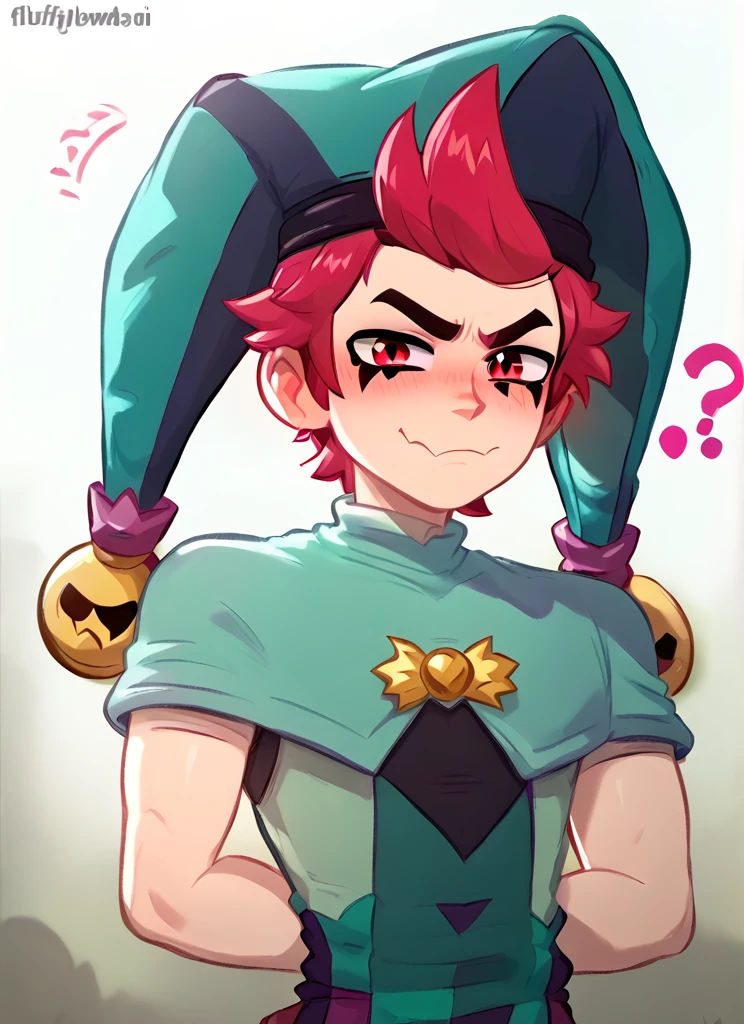 score_9, score_8_up, score_7_up, <lora:bschester:1> 1boy, bschester , pink hair, red eyes , jester cap, green headwear ,green jumpsuit, capelet, ,solo , blush, evil smile,, confused, ??? ,arms behind back, looking at viewer, closed mouth ,<lora:fluffylewdsai:1> fluffylewdsai red boots,