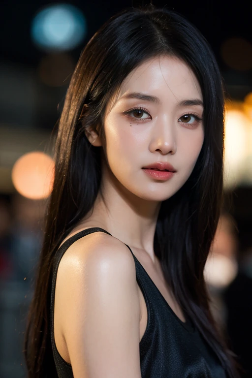 masterpiece, best quality, ultra-detailed, ultra high res, (photorealistic:1.4), raw photo, (realistic:0.2), 8k HDR, realistic lighting, 1girl, solo, (asian:0.2), asymmetrical hair, outdoor, night, (simple background:1.4), bokeh, (detailed lips), (detailed pores), (detailed skin textures), (detailed face:1.2), (upper body:1.2), a woman in a black sleeveless dress, promotional image, a character portrait,