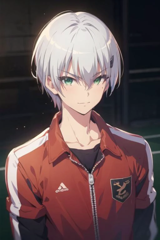 masterpiece, best quality, high quality, 1boy, solo, male focus, looking at viewer, upper body, <lora:hiroto_suzuki:0.78>, hiroto_suzuki, green eyes, white hair, realistic, track suit