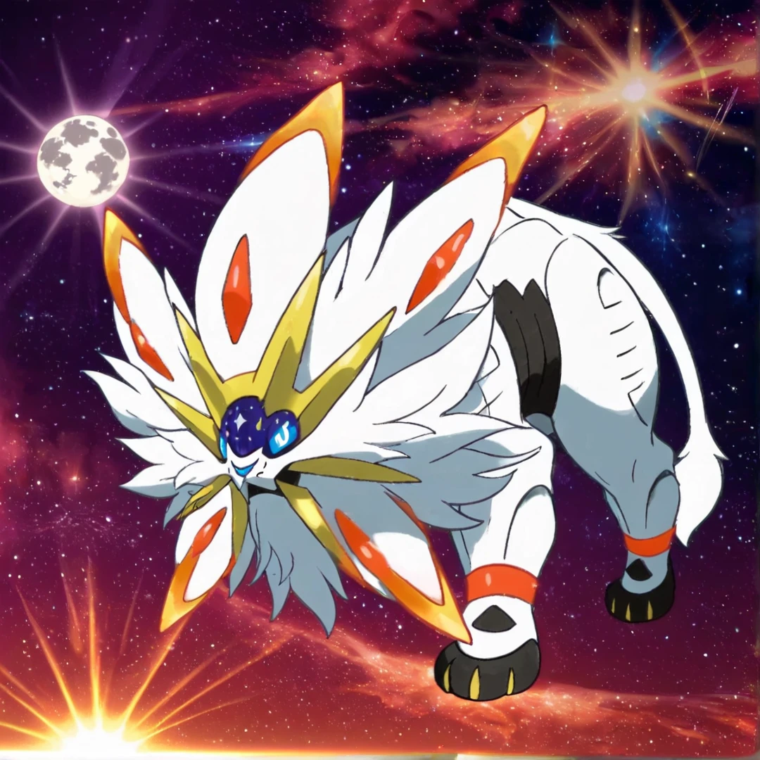 <lora:Solgaleo:1>, solgaleo, is a large, white pokÃ©mon resembling a lion, has a blunt muzzle, with a blue-gray nose, and pale blue eyes, the top half of its face is a deep blue area, that shows a constantly changing starscape, four yellow spikes, head like a crown, two more pairs of spikes adorn either side of its lower jaw, Solid ridgesâred nearest its head, and yellow pokes out of each tuft along the middle, except on the tufts on its cheeks and chin, topmost part wrapping around the tip of the tuft, its mane creates the impression of a stylized sun, around each leg is a dark orange band, a black spot on each foot, it has three black toes, on each foot with long yellow claws, at the tip of its tail, is a large black spot, with a thin yellow rim, solo, in space, galaxy sky, sprinting