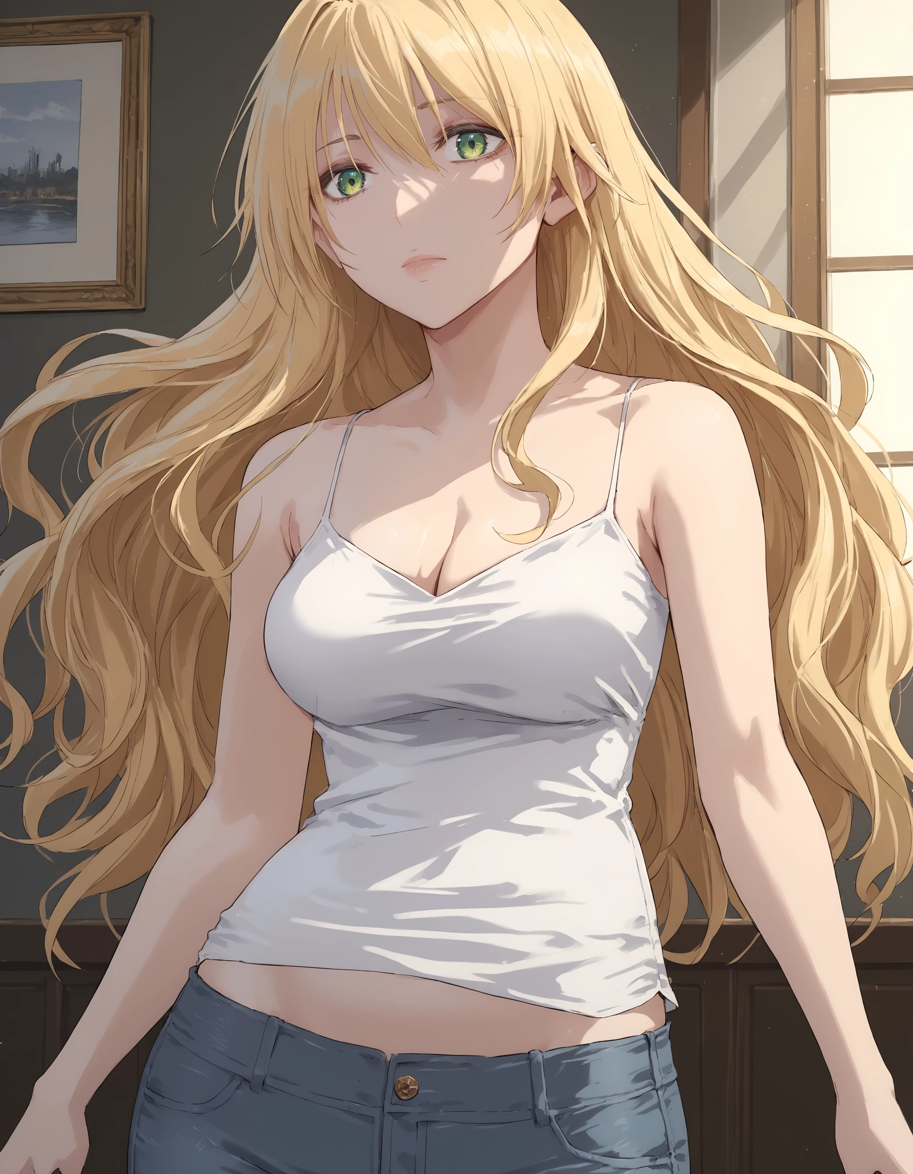 score_9, score_8_up, score_7_up, source_anime
BREAK 1girl, solo, <lora:SisterXL-v2:0.9>, s1s, blonde hair, green eyes, <lora:Camisole1XL-v1-03:0.8>, white camisole, cleavage, stomach, jeans, cowboy shot