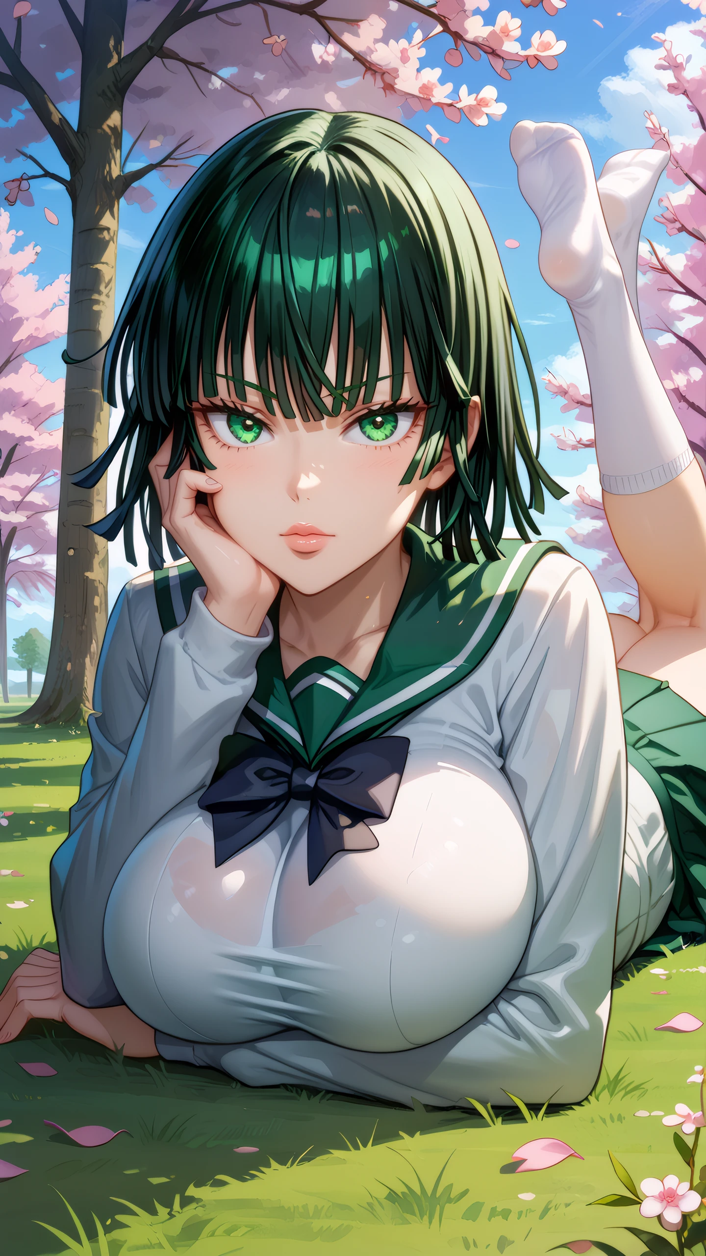 score_9, score_8_up, score_7_up, 1girl, looking at viewer, cowboy shot,
fubuki (one-punch man),  one-punch man, black hair, short hair, blunt bangs, hotd_school_uniform, school uniform, serafuku, green skirt, pleated skirt, black bowtie, <lora:HOTD_Uniform_Dwnsty-000008:0.6>,
mature female, huge breasts, skindentation, lips, lying, on stomach, head rest, arm support, hands on own cheeks, legs up, kneehighs, white socks, feet, on ground, breast press, 
outdoors, school yard, falling petals, cherry blossoms, grass,