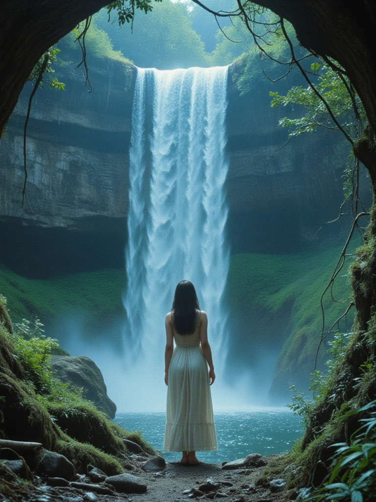 The Hidden Waterfall Portal: A curious young woman kneels before a mystical waterfall, glimpsing a shimmering portal to another world through the cascading water. She steps forward into a realm of floating islands and green hills.  <lora:retro_film:1>