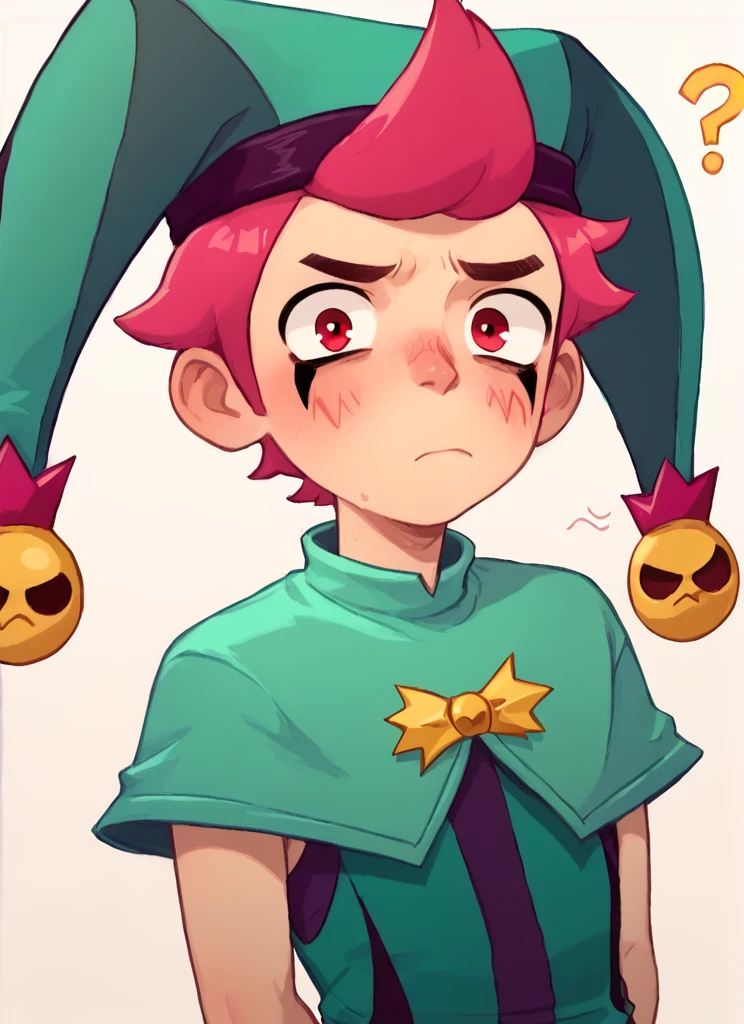 score_9, score_8_up, score_7_up, <lora:bschester:1> 1boy, bschester , pink hair, red eyes , jester cap, green headwear ,green jumpsuit, capelet, ,solo , blush, confused, ??? ,arms behind back, looking at viewer, closed mouth <lora:PossumMachine:1>posmach