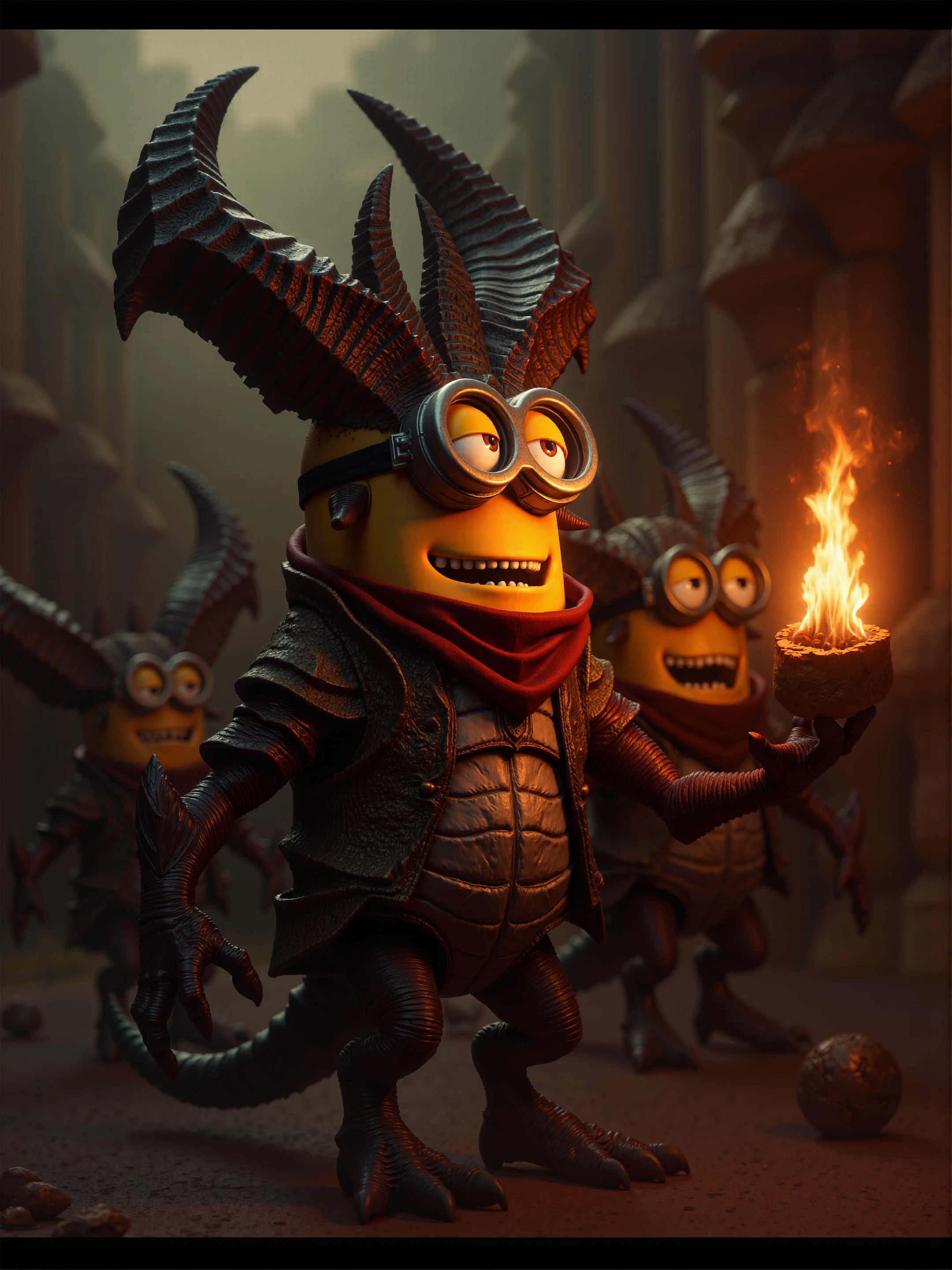 diablobylaushine,cinematic artwork of the Minions wearing demon-made outfit