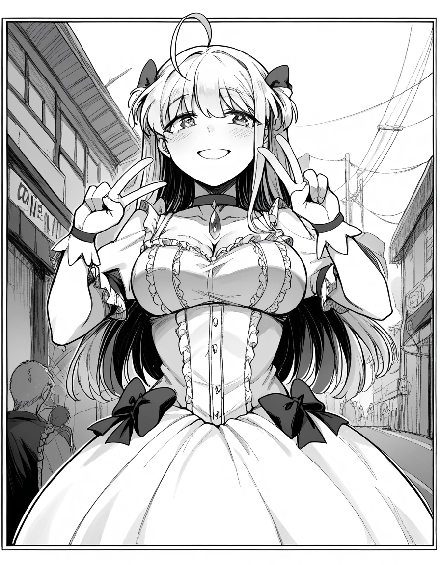 score_9, score_8_up, score_7_up, source_anime, <lora:flanvia-sister-manga-ponyxl-lora-nochekaiser:1>, sister, ahoge, bangs, long hair, side locks, monochrome, greyscale, large breasts,, <lora:kaname-madoka-cosplay-ponyxl-lora-nochekaiser:1>, kanamemadokacosplay, kaname madoka (cosplay), chest jewel, dress, frilled dress, frills, magical girl, neck ribbon, pink dress, puffy short sleeves, puffy sleeves,, outdoors, streets, smile, blush, v, v over eye, , cowboy shot, dutch angle,