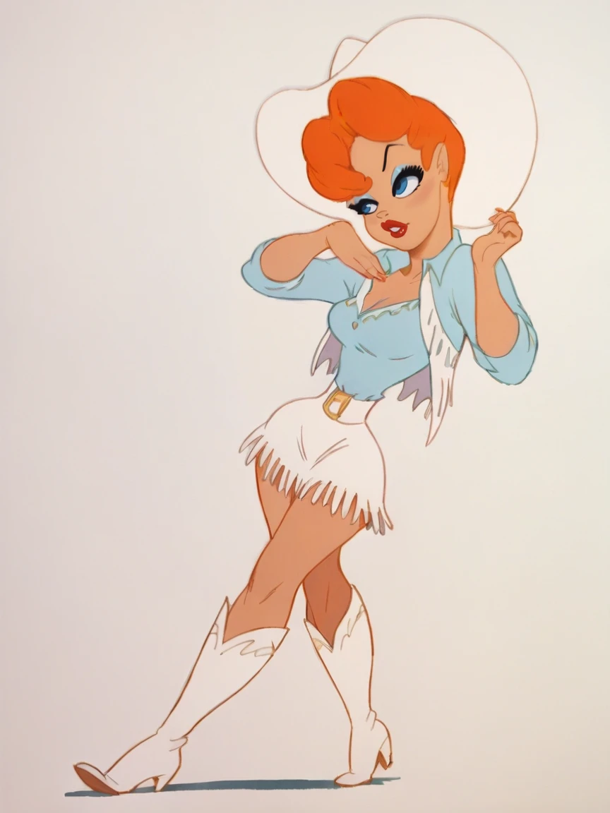 score_9, score_8_up, score_7_up, score_6_up, score_5_up,  <lora:texaveryXLP:1> tex avery, 1girl, orange hair, solo, lipstick, blue eyes, short hair, cowboy western, boots, cowboy hat, skirt