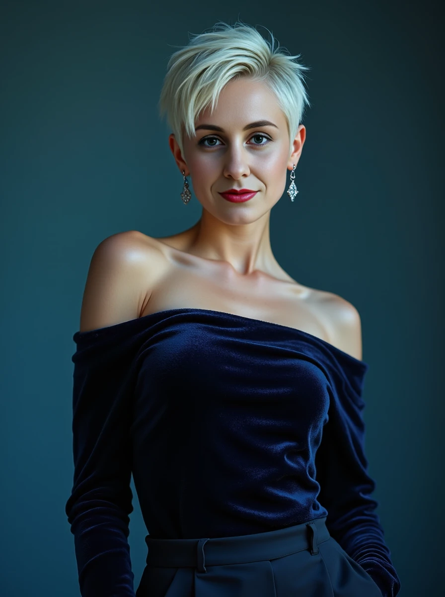 upper body portrait of a slender platinum-blonde woman. Her high detailed skin texture with skin details like pores, small hairs and subsurface scattering. She has short hair with an edgy cut. Her expression is confident. She is wearing an alluring midnight navy velvet off-the-shoulder top paired with high-waisted wide-leg trousers, accessorized with silver drop earrings and a metallic clutch.professional photography, with cold color lighting. <lora:lisalora:1.2>