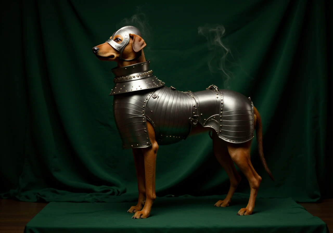 HFPA, Historical Full Plate Armor, The image is an oil painting of a Saluki dog dressed in medieval knight's suit of armor for dogs, set against a dark green, velvety fabric backdrop. The armor is made of polished silver metal, giving it a reflective, mirror-like finish. The suit is a full-body armor, covering the dog's torso, arms, and legs, with intricate details and rivets that give it a medieval, historical appearance, dog is wearing a historical metal kettle helmet on its head,  dramatic epic scene, mist and smoke, cinematic, dramatic lighting
  <lora:Historical_Full_Plate_Armor-000007:0.8>  <lora:FluxDFaeTasticDetails:0.6> <lora:detailed photorealism style v3:0.6>