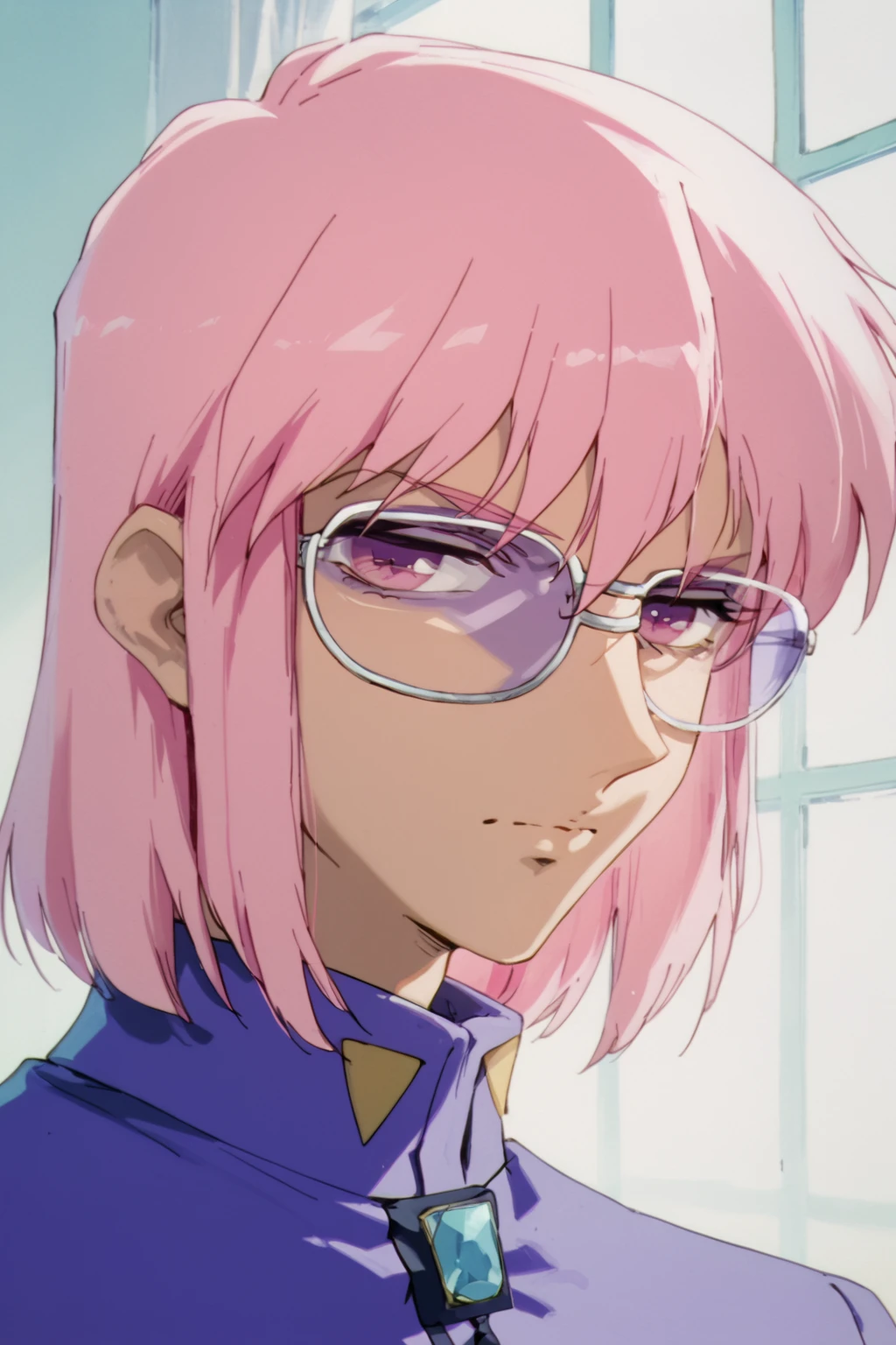 utenaki, solo male, mikage,  pink hair, pink eyes, purple glasses, (long bob hairstyle:1.1), <lora:utenakiPXL:0.9>, (score_9, score_8_up, score_7_up)