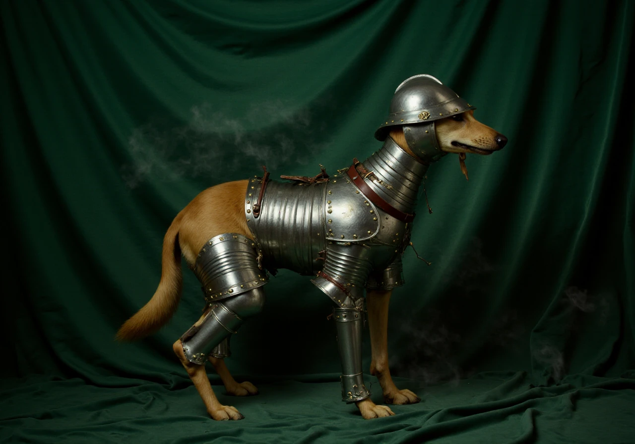 HFPA, Historical Full Plate Armor, The image is an oil painting of a Saluki dog dressed in medieval knight's suit of armor for dogs, set against a dark green, velvety fabric backdrop. The armor is made of polished silver metal, giving it a reflective, mirror-like finish. The suit is a full-body armor, covering the dog's torso, arms, and legs, with intricate details and rivets that give it a medieval, historical appearance, dog is wearing a historical metal kettle helmet on its head,  dramatic epic scene, mist and smoke, cinematic, dramatic lighting
  <lora:Historical_Full_Plate_Armor-000007:0.8>  <lora:FluxDFaeTasticDetails:0.6> <lora:detailed photorealism style v3:0.6>