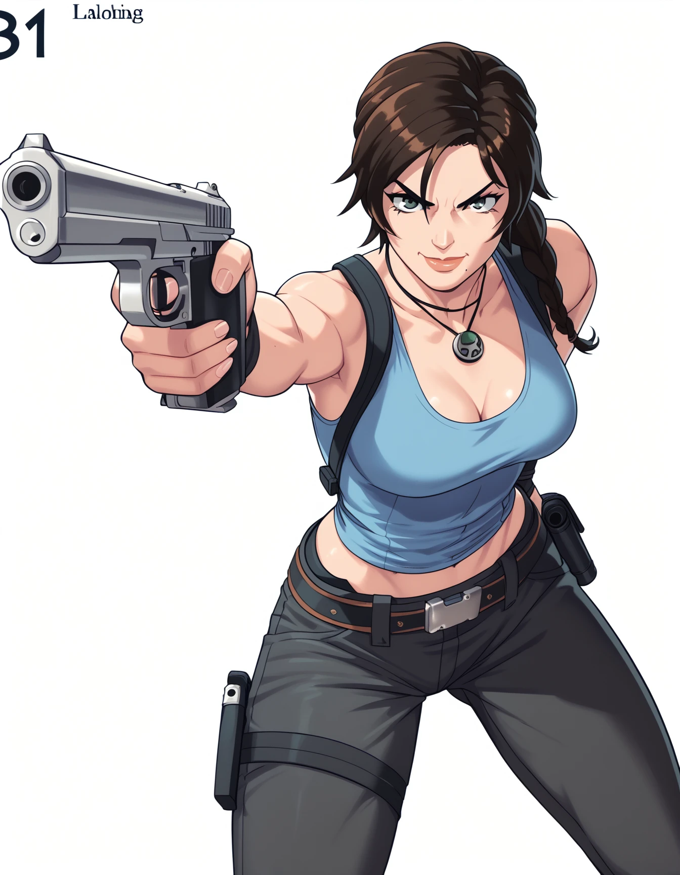 score_9,  score_8_up, score_7_up, <lora:qb-concept-000020:1> 1girl, solo, cowboy shot, white background, simple background,
handgun, weapon, fighting stance, smug, confident,
lara croft, pants