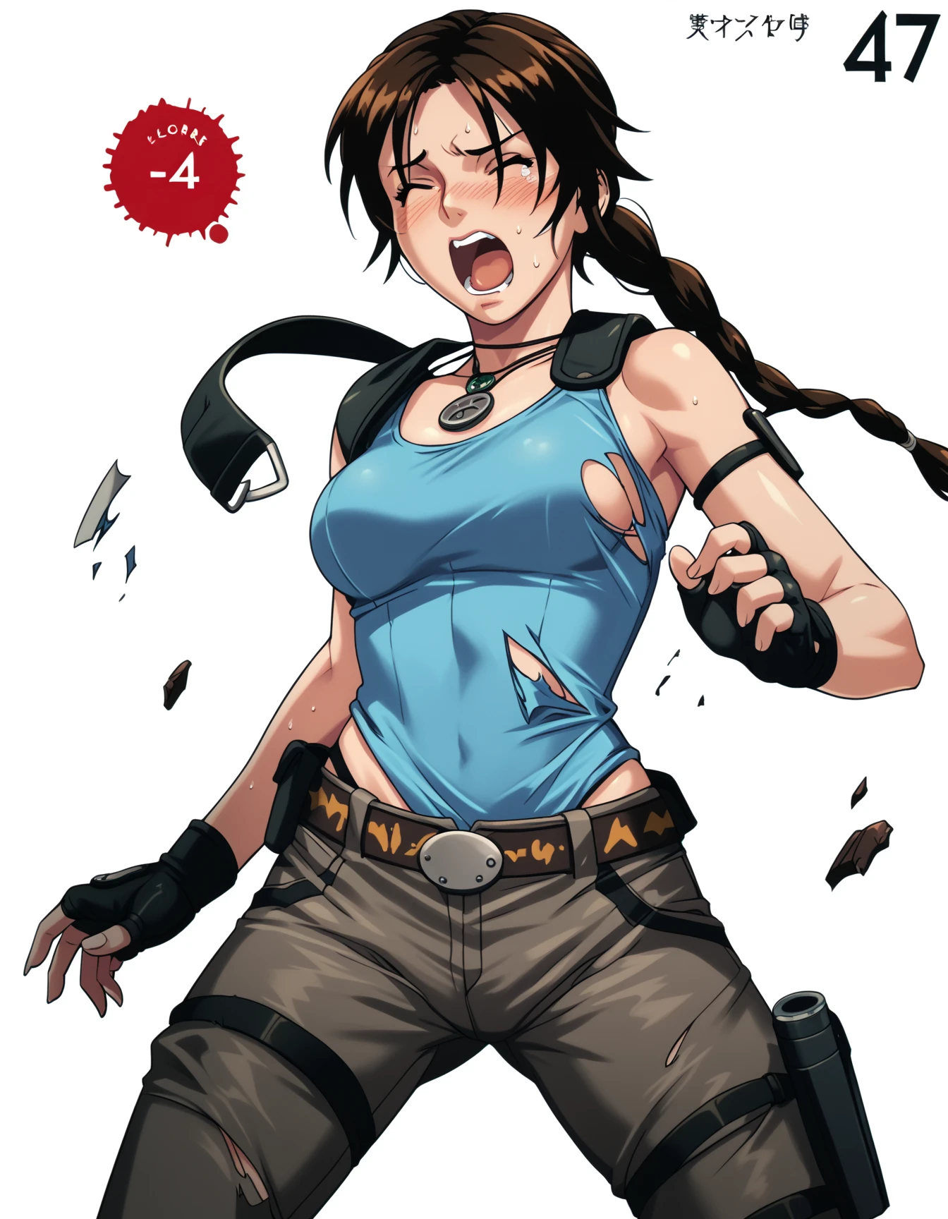 score_9,  score_8_up, score_7_up, <lora:qb-concept-000020:1> 1girl, solo, cowboy shot, white background, simple background,
battle damage, wince, blush, open mouth, torn clothes,
lara croft, pants