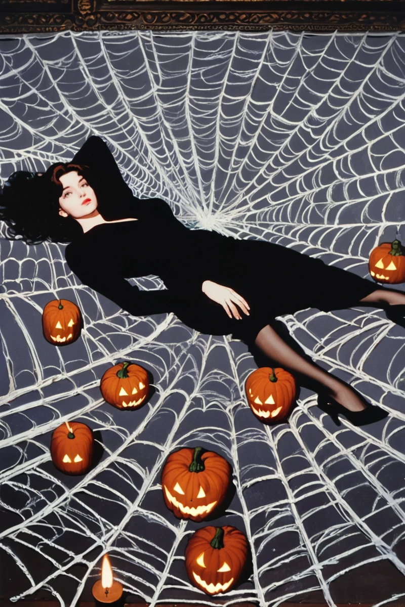 hires digital photo, photorealism, simple background,  <lora:c4r0ylnj0ne3Pony:0.8> c4r0ylnj0ne3 girl, long black hair, black dress, heels, lying on floor, looking up at viewer, indoors, jack-o'-lanterns, pumpkims, lanterns, spider webs in the corners, PonyXL_Scores, intricate details, high resolution,, rating_safe