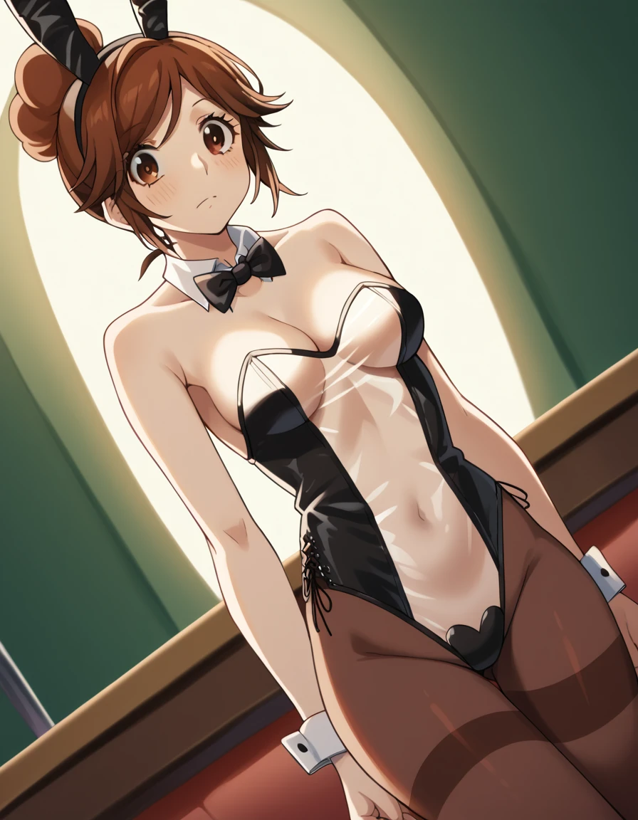 Kousaka honoka, night, bar, playboy bunny, short hair, hair ornament, crotch lines, upper body, pantyhose 