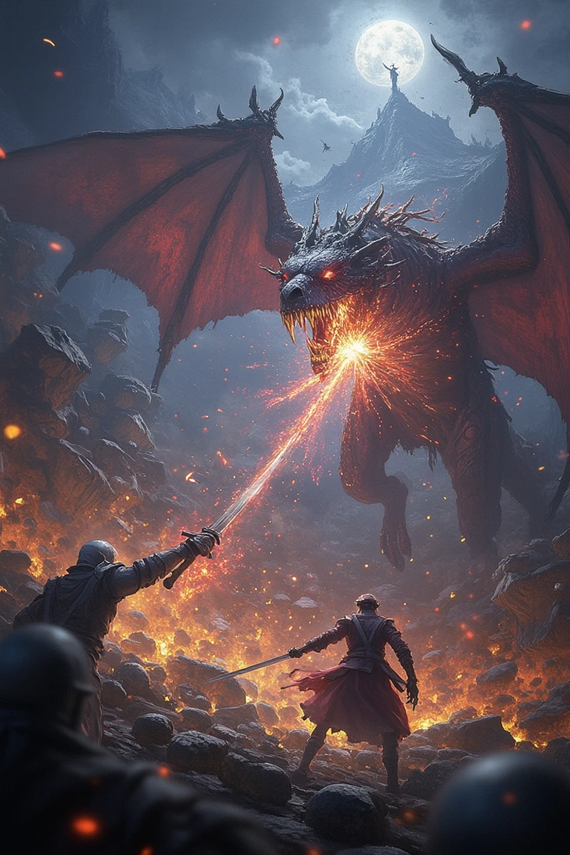 ahx,Fantasy art style,The fierce battle between Liam and Volcania. Sword clashing against dragon's fangs, magic colliding with fire. The scene is chaotic, with sparks and flames filling the air. The background shows the mountain peak under siege, with cracks and debris everywhere. Created Using: high-action rendering, dynamic lighting, intense atmosphere, fantasy style, hd quality, vivid look