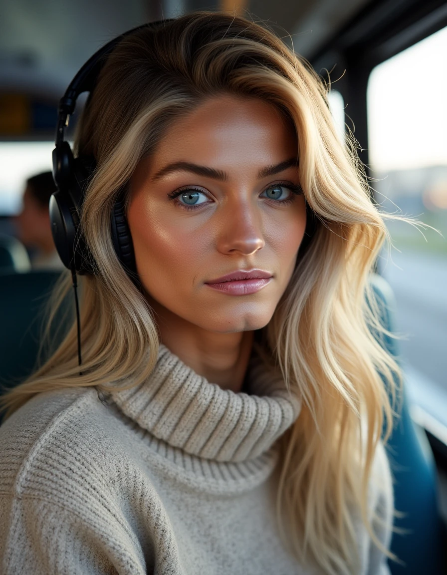 <lora:berkleigh_wright_dev_f1:1> a beautiful woman, blonde hair blue eyes,  sweater,  headphones, bus, window seat,