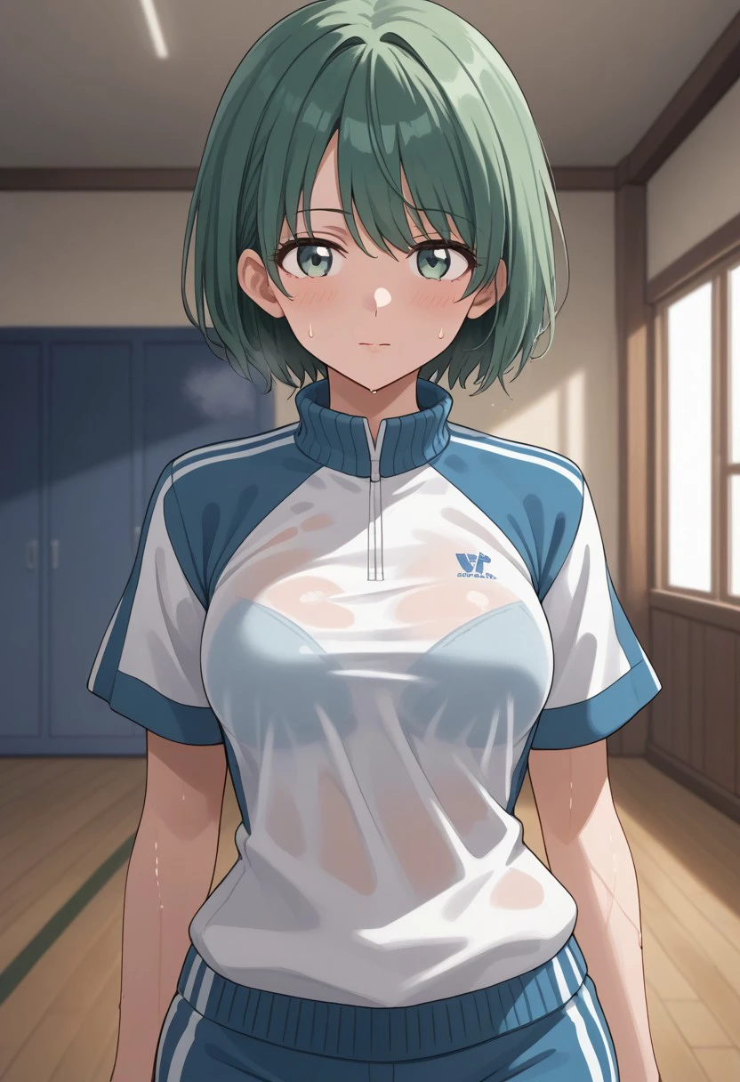 (masterpiece), best quality, expressive eyes, perfect face, nichika, green hair, green eyes, grey eyes,  white shirt, short  sleeves shirt, t shirt, light blue track pants, light blue and white track jacket, open jacket, partially removed jacket, midriff, medium breasts, indoors, wet shirt, sweat,