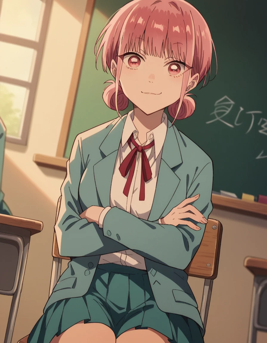 score_9, score_8_up, score_7_up, source_anime, <lora:hina-chouno-alpha-ponyxl-lora-nochekaiser:1>, hina chouno, short hair, pink hair, pink eyes, bangs, blunt bangs, sidelocks, hair bun, double hair bun, medium breasts,, skirt, shirt, long sleeves, ribbon, school uniform, jacket, white shirt, pleated skirt, red ribbon, neck ribbon, blazer, green skirt, green blazer, shirt tucked in,, classroom, chalkboard, day time, studying, sitting, chair, desk,, , looking at viewer, crossed arms, smug, solo,, cowboy shot, dutch angle,