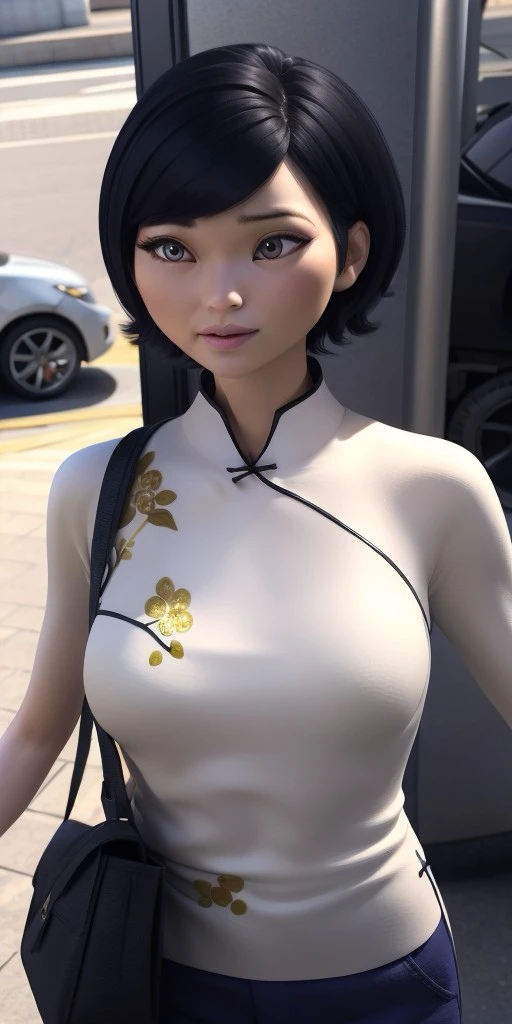 Hyperrealistic, photorealistic, super detailed, white Cheongsam with a red black and gold plant design, blue trousers, gray eyes, short black hair with blue highlights, body like in real life, large pores, fair skin, short, beautiful arms, medium breasts, unreal engine, octane render, droped shadow, bokeh, cinematic lighting, <lora:add_detail:0.5>, <lora:Volumetric_lighting:0.6>, Sabine Cheng, <lora:3eec2536-ee60-46c7-b61e-d14fd03d3ae0:0.7>