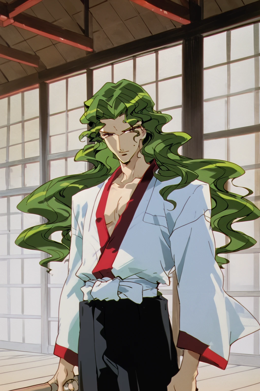 utenaki, (saionji), solo man, athletic build, (long wavy green hair:1.1), grey eyes, kendo outfit, <lora:utenakiPXL:1>, dojo, (score_9, score_8_up, score_7_up)