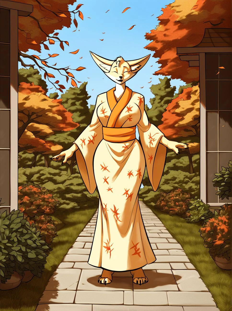 score_9, score_8_up, score_7_up, source_furry, ((masterpiece)), best quality, 1girl, solo, standing outside, (anthro, fox), (detailed background, asian, asian tree, asian park), (full body, emotion face, closed eyes), huge humanoid long feet, barefoot, day,  asian clothes,  <lora:Kimota_ZP92_PDXL_V1-08:1>  Kimota,