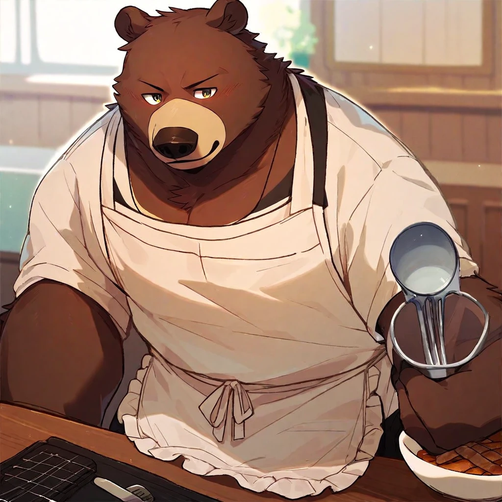 score_9_up, score_8_up, score_7_up, mikus-style, bear, male, brown, brown, apron, kind, 1boy, solo,